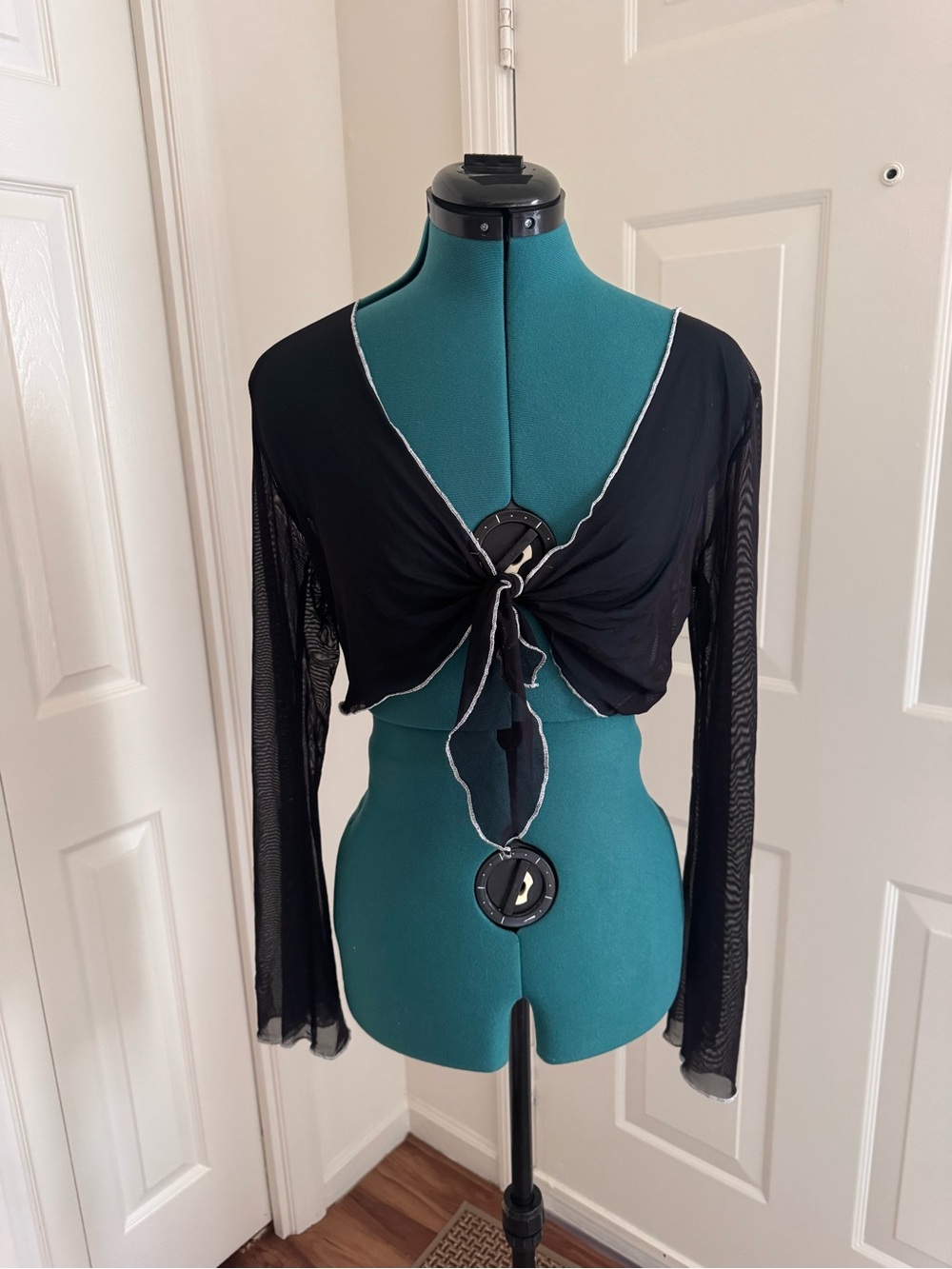 Black Tie-Front Mesh Shrug Top